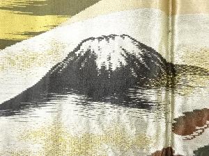 アンティーク　地紙に松・富士・鳥模様織り出し緞子肩裏　紋付羽二重男物羽織